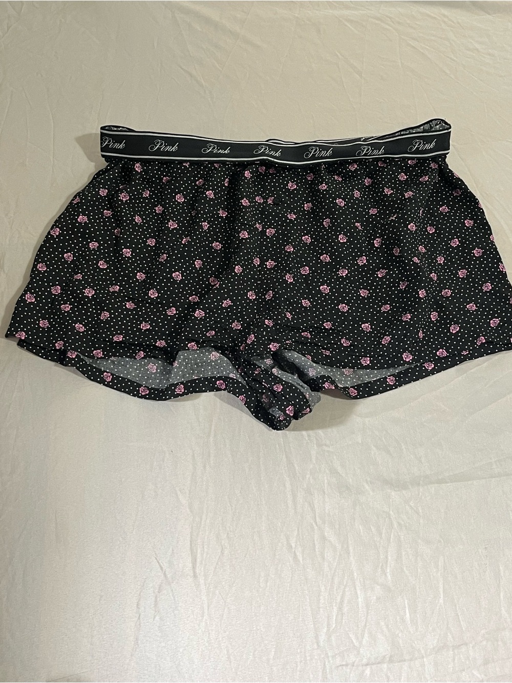 PINK Victoria's Secret Black Lounge Shorts with Pink Floral Dot Print Size Large